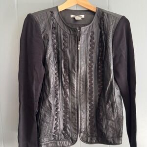 90s Y2K Black Leather Mesh Panel Jacket‎ Medium Moto Goth Whimsy Glam Festival